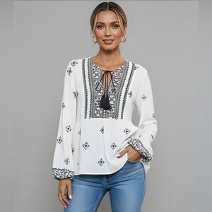 Boho Floral Print Long Sleeve Tie Front Shirt Peplum Top White